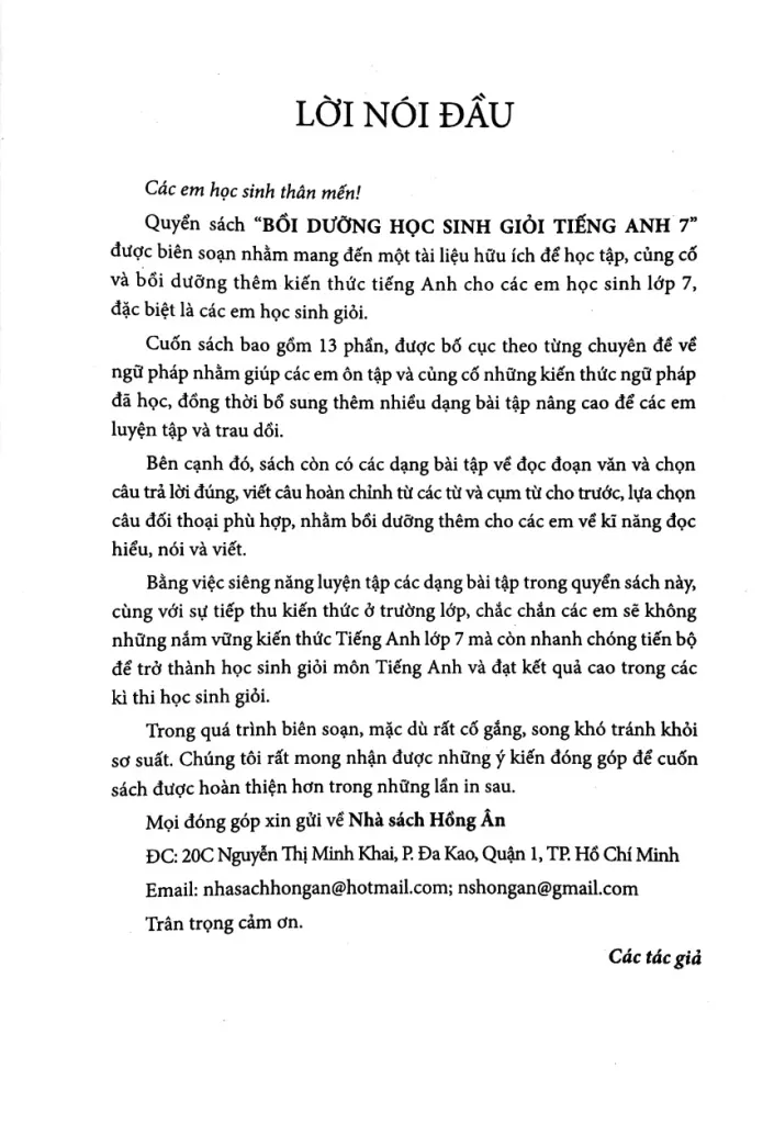 BỒI DƯỠNG HỌC SINH GIỎI TIẾNG ANH LỚP 7 (Dùng chung cho các bộ SGK hiện hành)